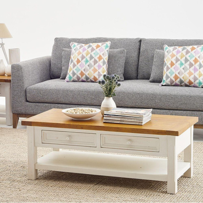 Table Basse 2 Tiroirs Bois Blanc 120x65x45cm