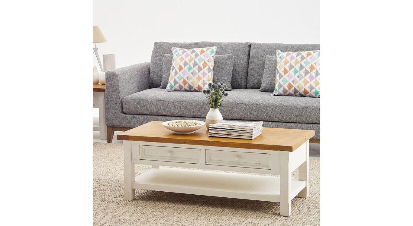 Table Basse 2 Tiroirs Bois Blanc 120x65x45cm