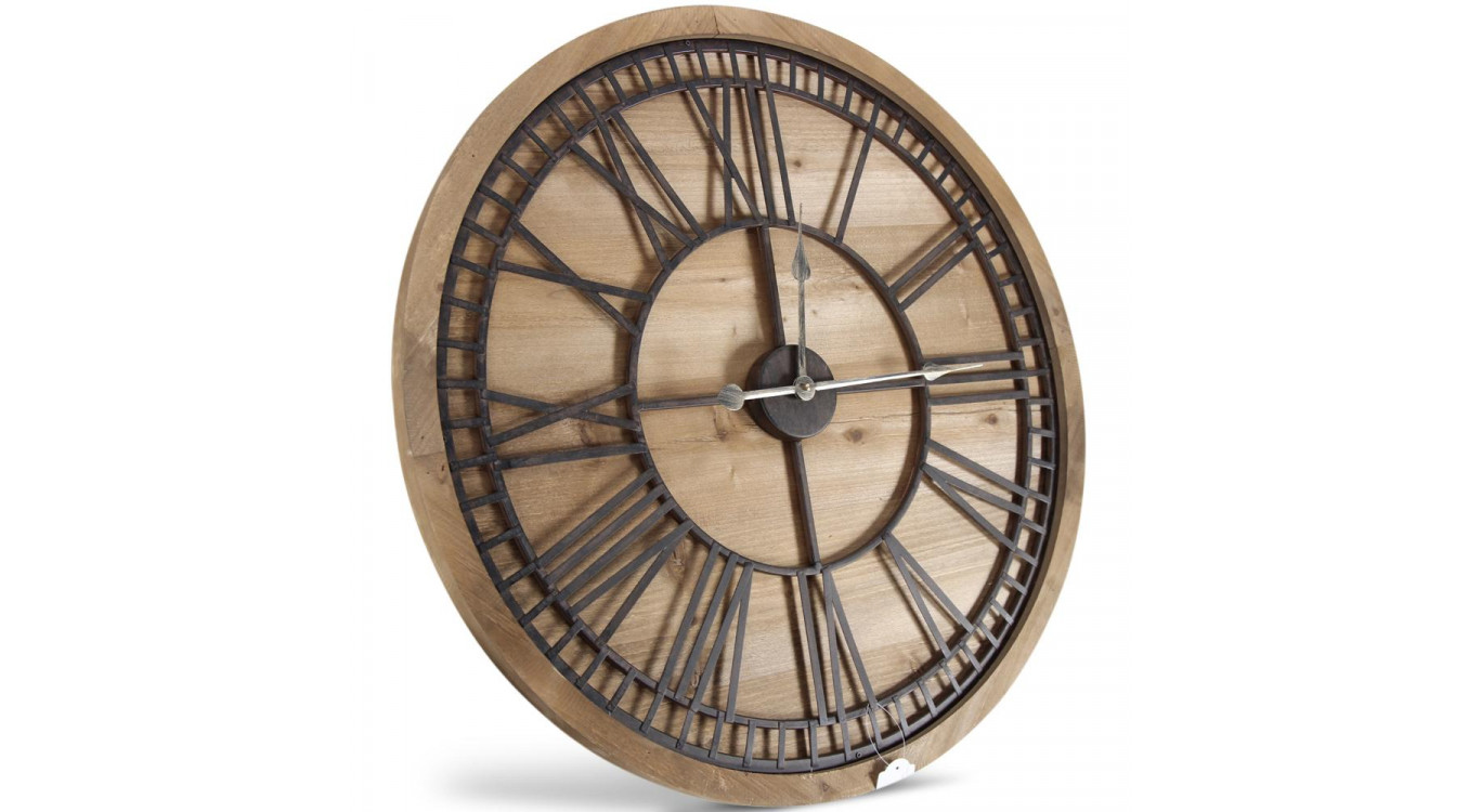 Grande Horloge Ancienne Bois Métal Marron 76x3x76cm