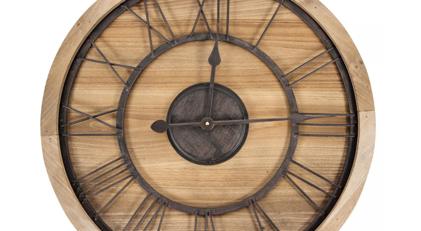 Grande Horloge Ancienne Bois Métal Marron 60x3x60cm