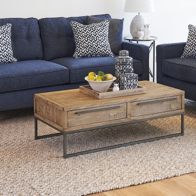 Table Basse 2 Tiroirs Bois Métal Marron 120x60x40cm