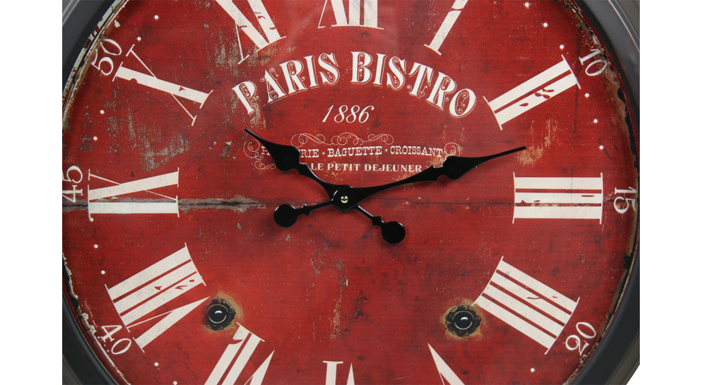 Grande Horloge Ancienne Murale Paris Bistro Métal Rouge-Bordeaux 70cm