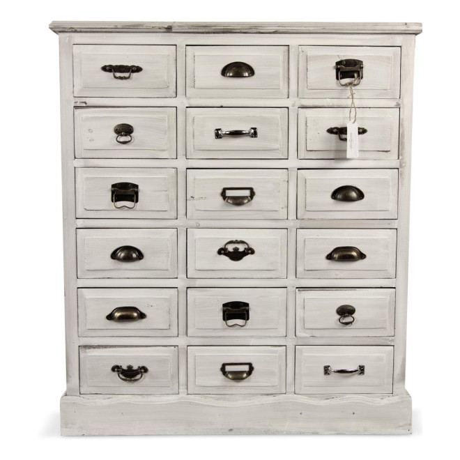 Wochenschrank Chiffonnier Grainetier Holz Weiß Gekälkt 18 Schubladen 87x34.5x99.5cm