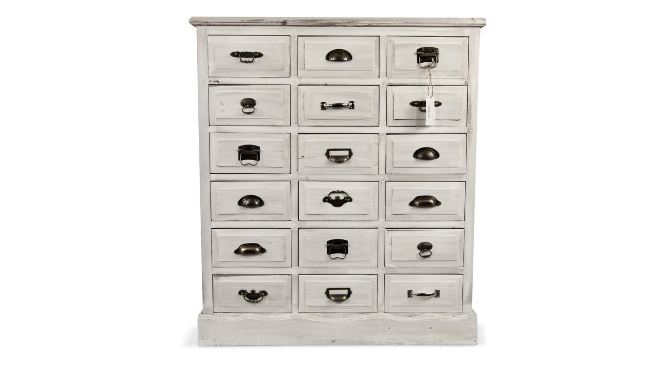 Wochenschrank Chiffonnier Grainetier Holz Weiß Gekälkt 18 Schubladen 87x34.5x99.5cm