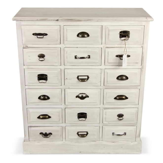 Wochenschrank Chiffonnier Grainetier Holz Weiß Gekälkt 18 Schubladen 87x34.5x99.5cm