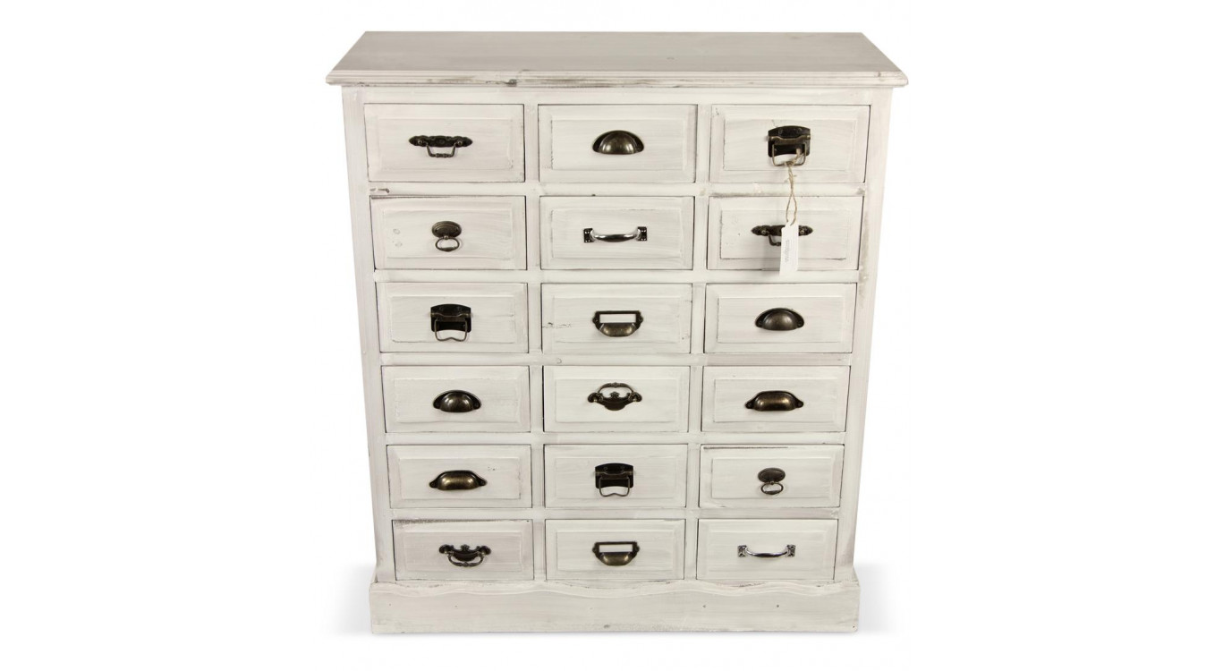 Wochenschrank Chiffonnier Grainetier Holz Weiß Gekälkt 18 Schubladen 87x34.5x99.5cm