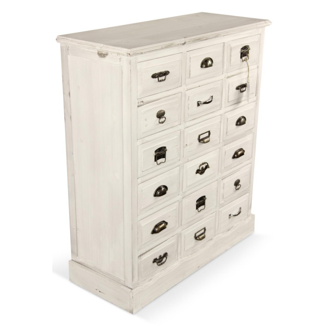 Wochenschrank Chiffonnier Grainetier Holz Weiß Gekälkt 18 Schubladen 87x34.5x99.5cm