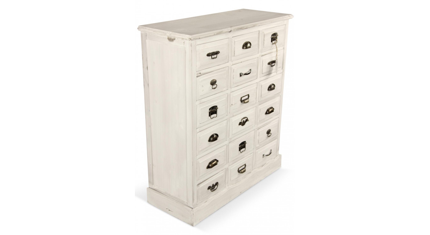 Wochenschrank Chiffonnier Grainetier Holz Weiß Gekälkt 18 Schubladen 87x34.5x99.5cm