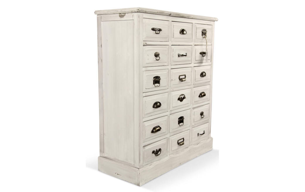 Wochenschrank Chiffonnier Grainetier Holz Weiß Gekälkt 18 Schubladen 87x34.5x99.5cm