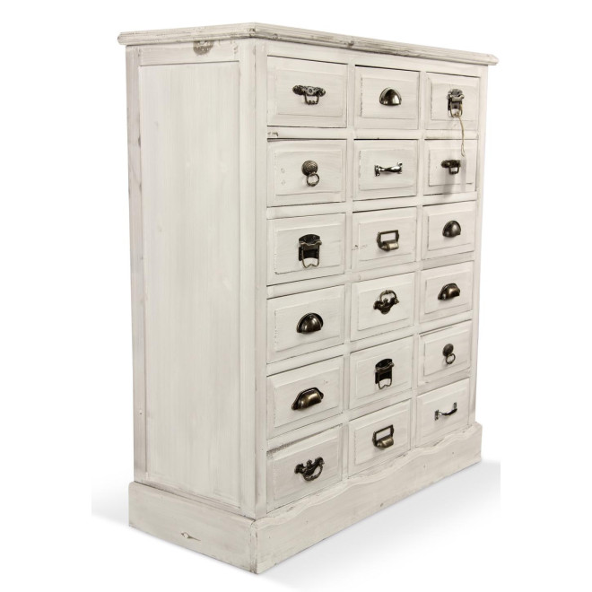 Wochenschrank Chiffonnier Grainetier Holz Weiß Gekälkt 18 Schubladen 87x34.5x99.5cm