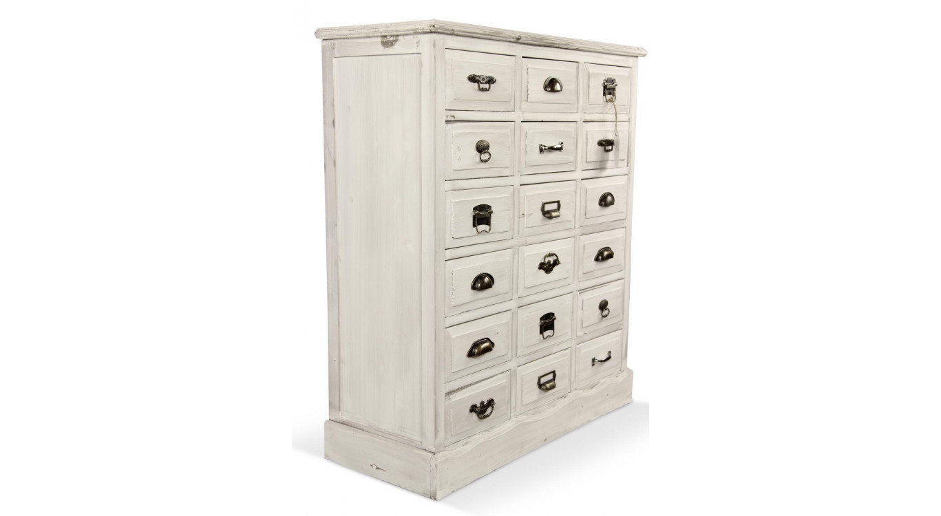 Wochenschrank Chiffonnier Grainetier Holz Weiß Gekälkt 18 Schubladen 87x34.5x99.5cm