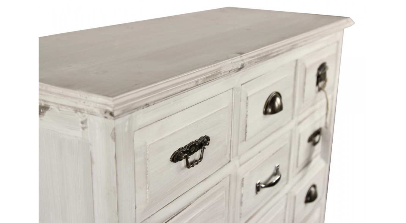 Wochenschrank Chiffonnier Grainetier Holz Weiß Gekälkt 18 Schubladen 87x34.5x99.5cm