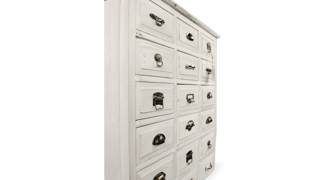 Wochenschrank Chiffonnier Grainetier Holz Weiß Gekälkt 18 Schubladen 87x34.5x99.5cm