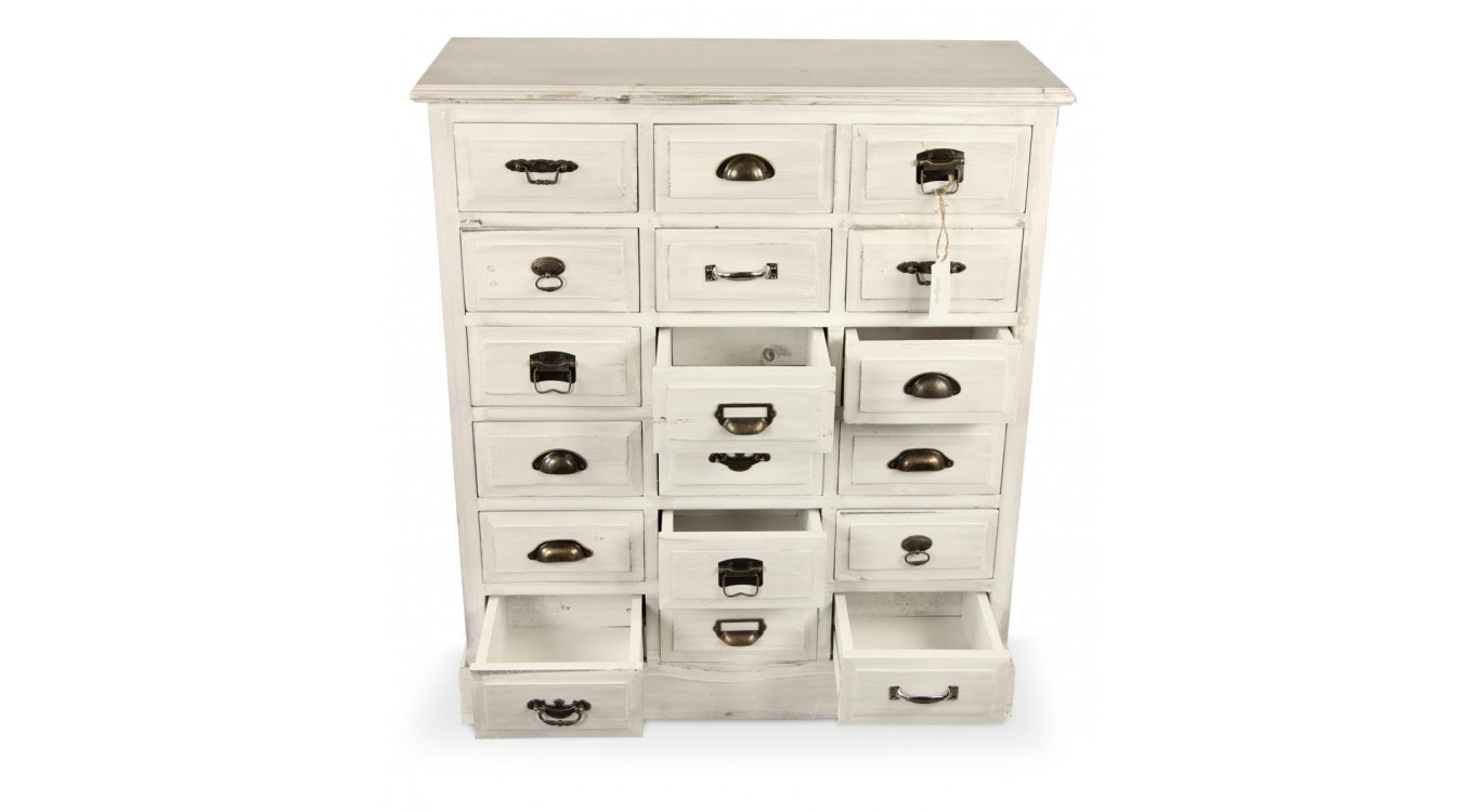 Wochenschrank Chiffonnier Grainetier Holz Weiß Gekälkt 18 Schubladen 87x34.5x99.5cm