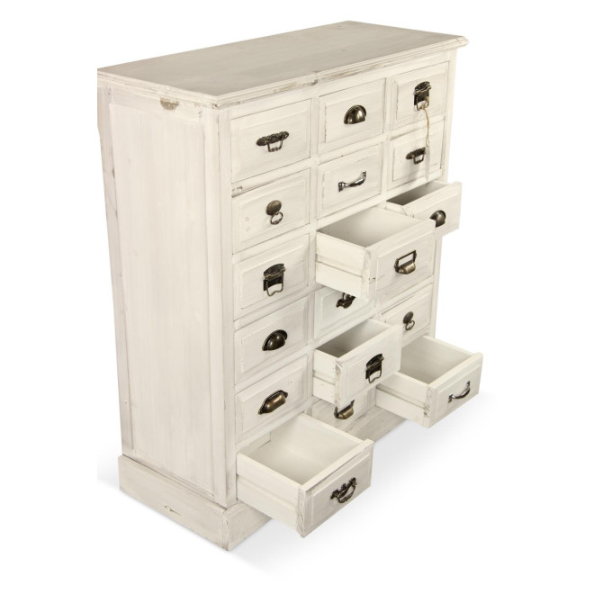 Wochenschrank Chiffonnier Grainetier Holz Weiß Gekälkt 18 Schubladen 87x34.5x99.5cm