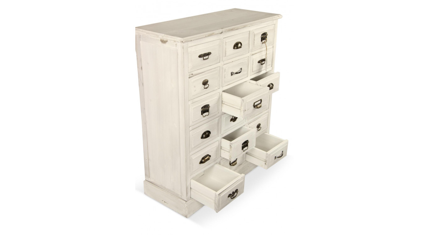 Wochenschrank Chiffonnier Grainetier Holz Weiß Gekälkt 18 Schubladen 87x34.5x99.5cm