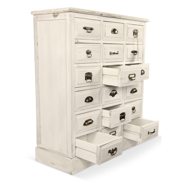 Wochenschrank Chiffonnier Grainetier Holz Weiß Gekälkt 18 Schubladen 87x34.5x99.5cm