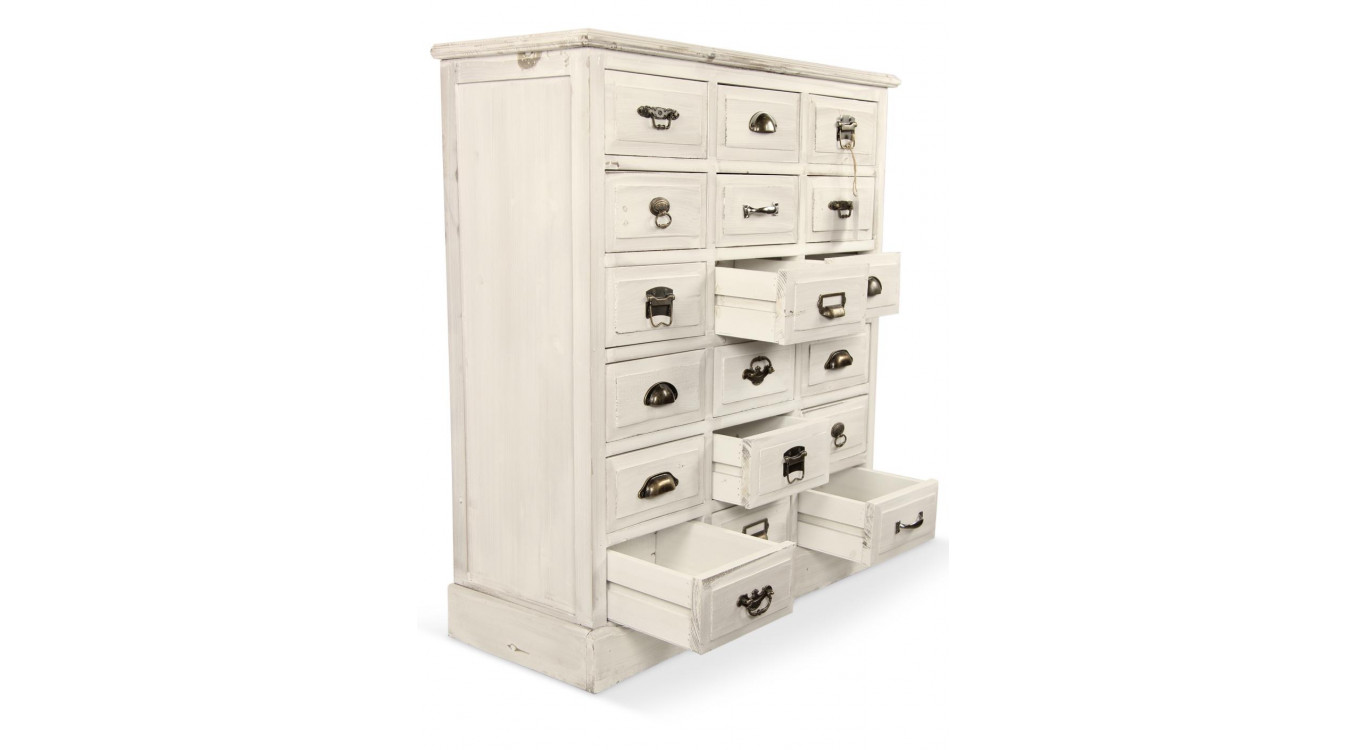 Wochenschrank Chiffonnier Grainetier Holz Weiß Gekälkt 18 Schubladen 87x34.5x99.5cm