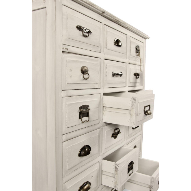 Wochenschrank Chiffonnier Grainetier Holz Weiß Gekälkt 18 Schubladen 87x34.5x99.5cm