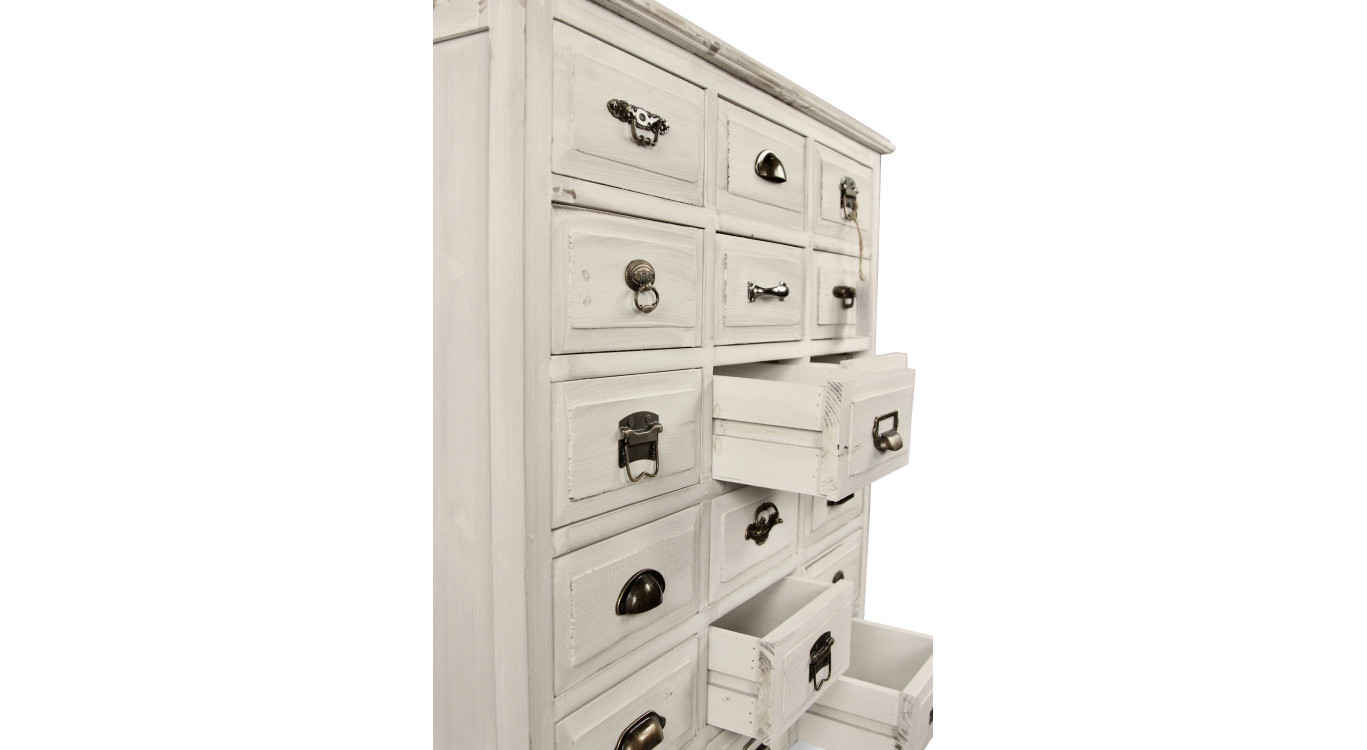Wochenschrank Chiffonnier Grainetier Holz Weiß Gekälkt 18 Schubladen 87x34.5x99.5cm