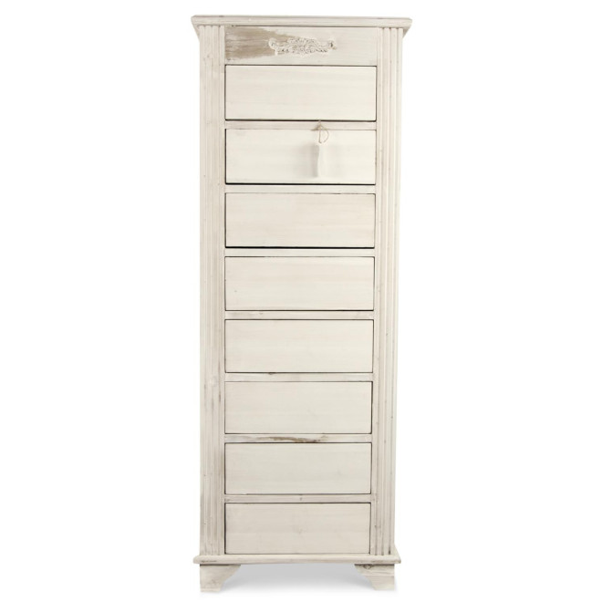 Meuble Semainier Chiffonnier Grainetier Bois Cerusé Blanc 8 Tiroirs Nu 54.5x33x146.5cm