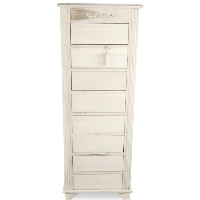 Meuble Semainier Chiffonnier Grainetier Bois Cerusé Blanc 8 Tiroirs Nu 54.5x33x146.5cm