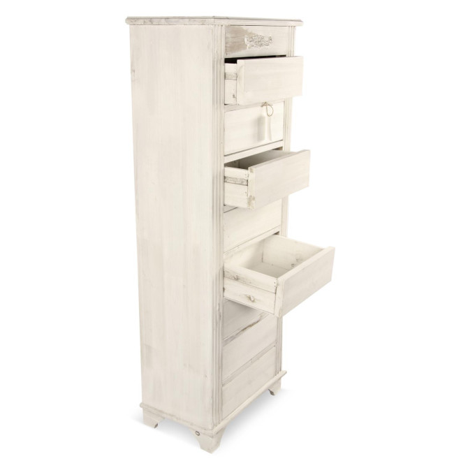 Meuble Semainier Chiffonnier Grainetier Bois Cerusé Blanc 8 Tiroirs Nu 54.5x33x146.5cm