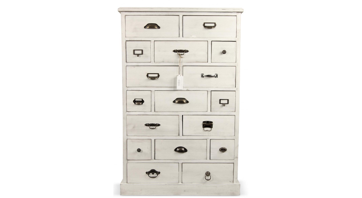 Meuble Semainier Chiffonnier Grainetier Bois Cerusé Blanc 17 Tiroirs 75.5x34x116cm