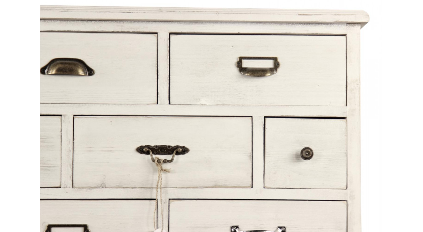 Meuble Semainier Chiffonnier Grainetier Bois Cerusé Blanc 17 Tiroirs 75.5x34x116cm