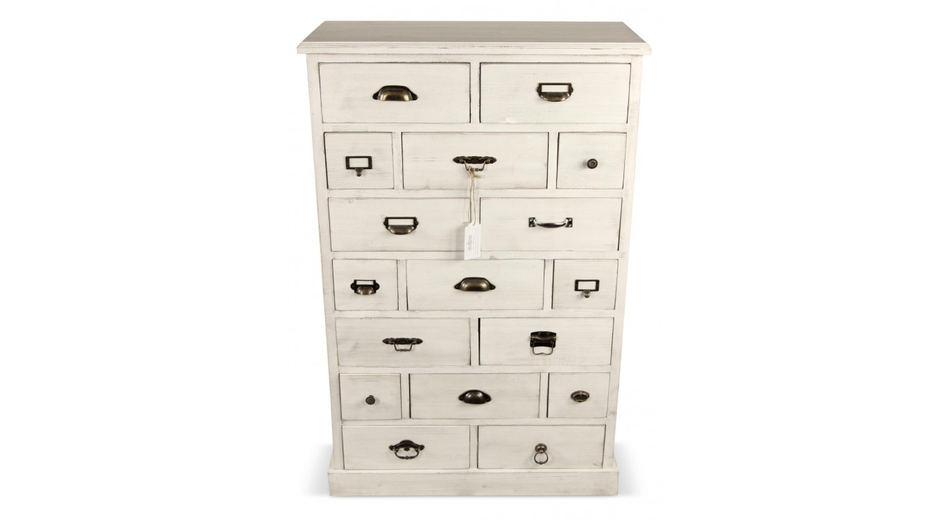 Meuble Semainier Chiffonnier Grainetier Bois Cerusé Blanc 17 Tiroirs 75.5x34x116cm