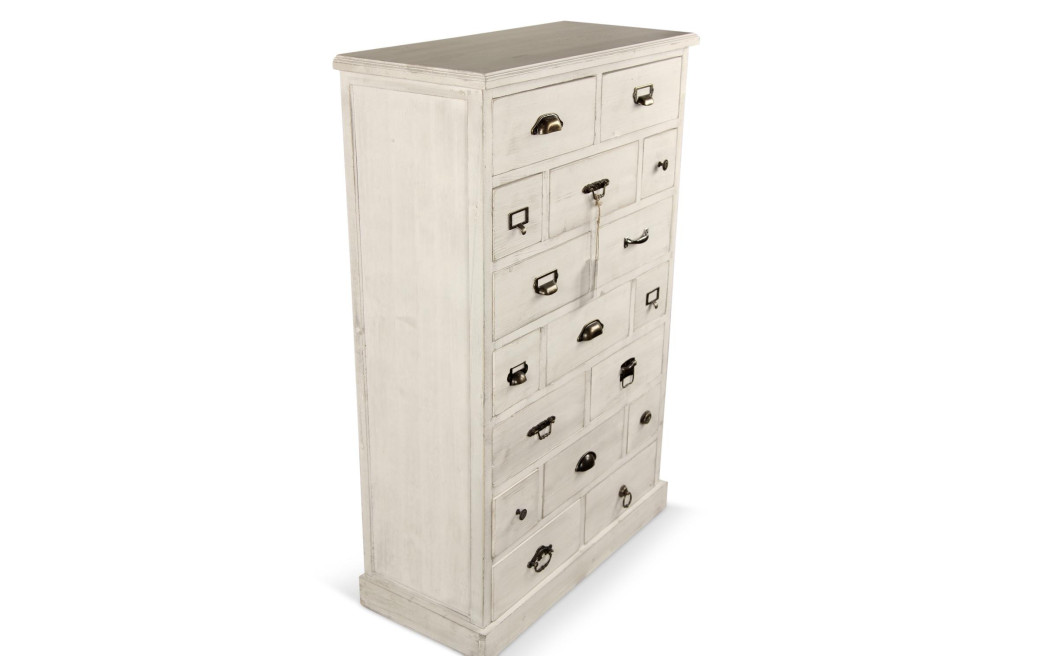 Meuble Semainier Chiffonnier Grainetier Bois Cerusé Blanc 17 Tiroirs 75.5x34x116cm