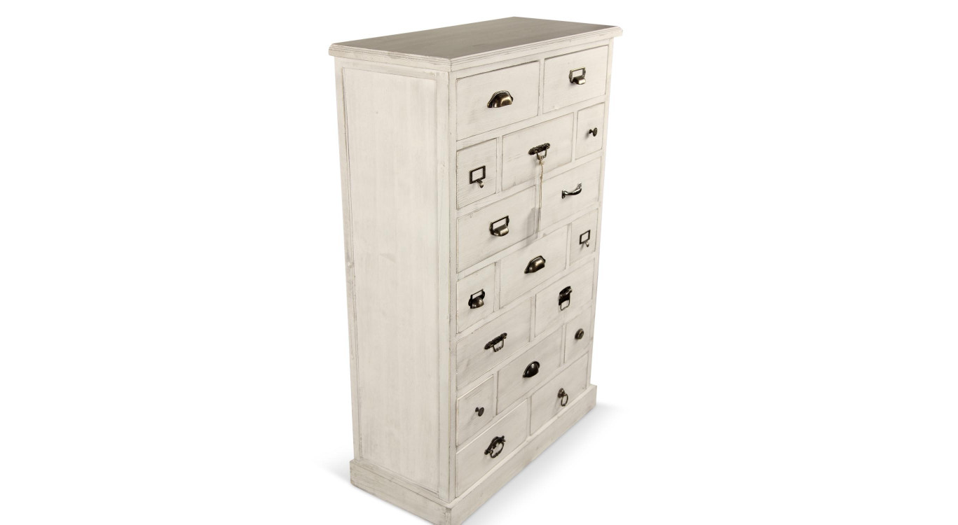 Wochenplaner Chiffonnier Grainetier Holz Cerusé Weiß 17 Schubladen 75.5x34x116cm