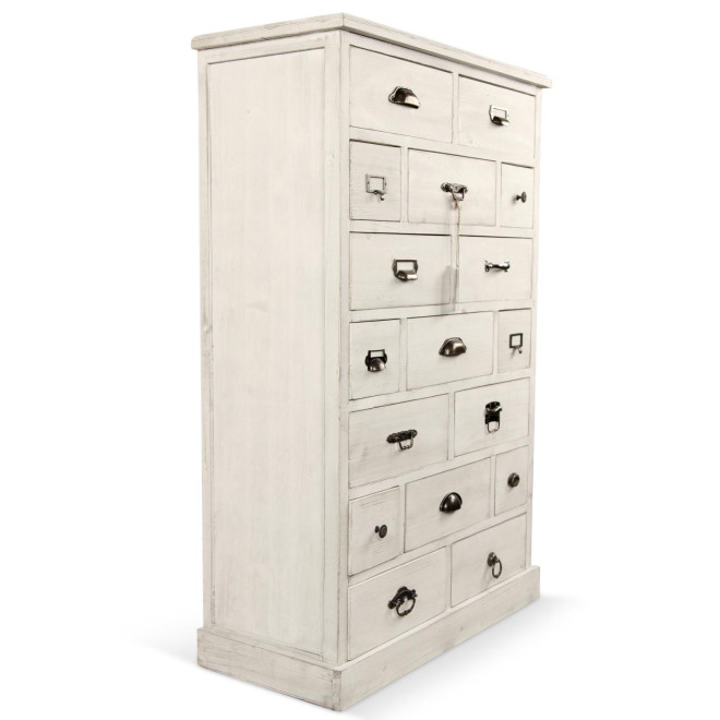 Wochenplaner Chiffonnier Grainetier Holz Cerusé Weiß 17 Schubladen 75.5x34x116cm