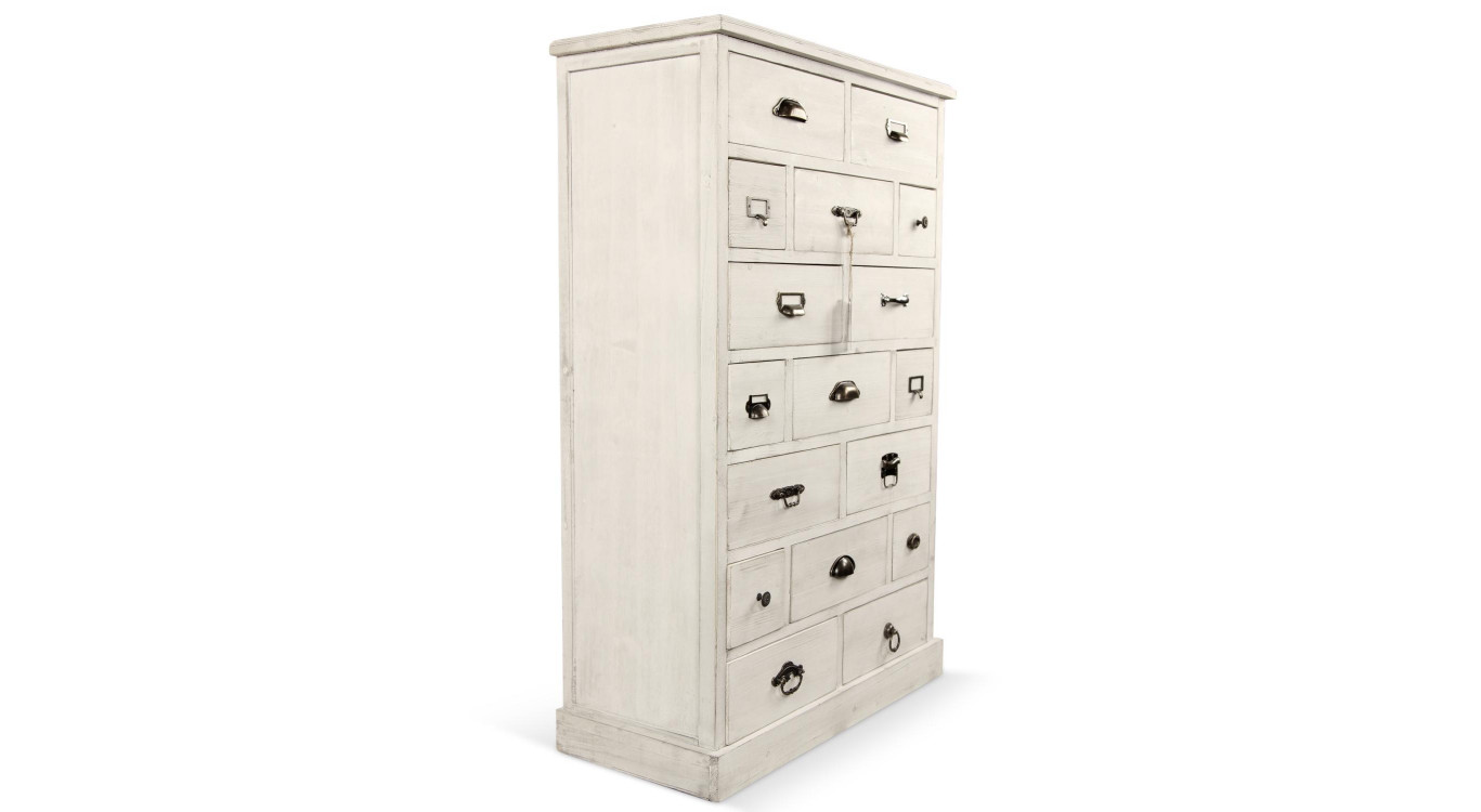 Wochenplaner Chiffonnier Grainetier Holz Cerusé Weiß 17 Schubladen 75.5x34x116cm