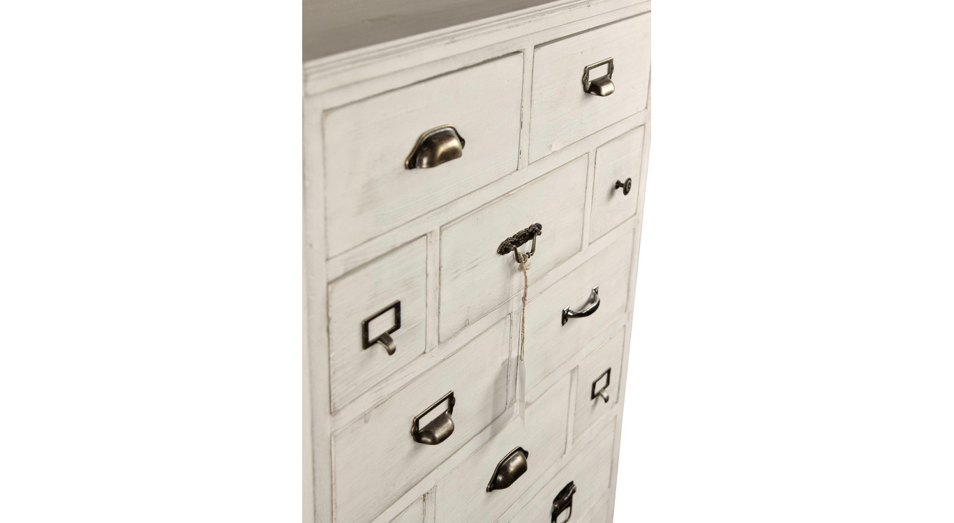 Meuble Semainier Chiffonnier Grainetier Bois Cerusé Blanc 17 Tiroirs 75.5x34x116cm