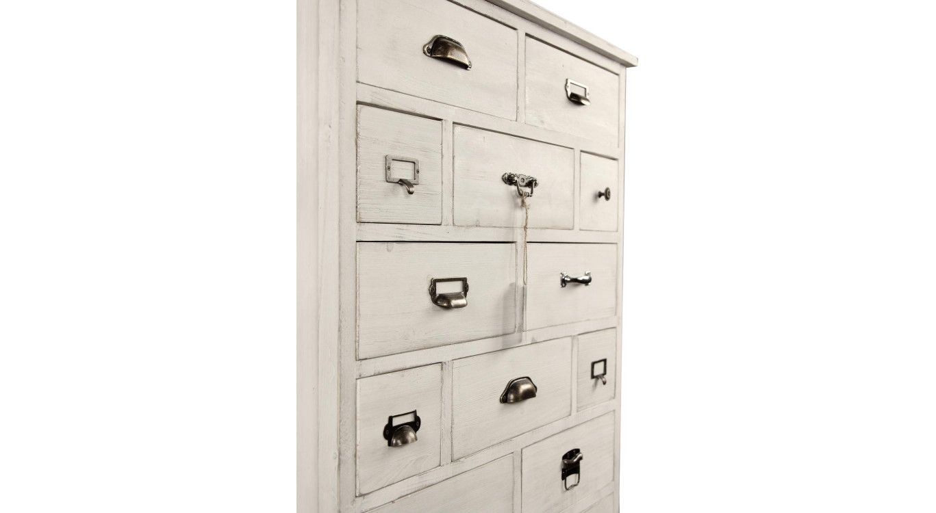 Wochenplaner Chiffonnier Grainetier Holz Cerusé Weiß 17 Schubladen 75.5x34x116cm