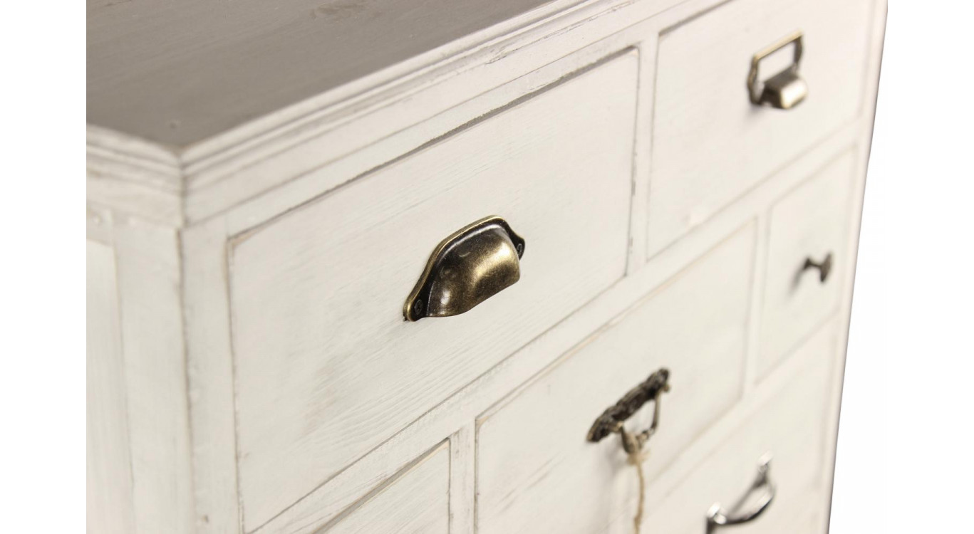 Meuble Semainier Chiffonnier Grainetier Bois Cerusé Blanc 17 Tiroirs 75.5x34x116cm