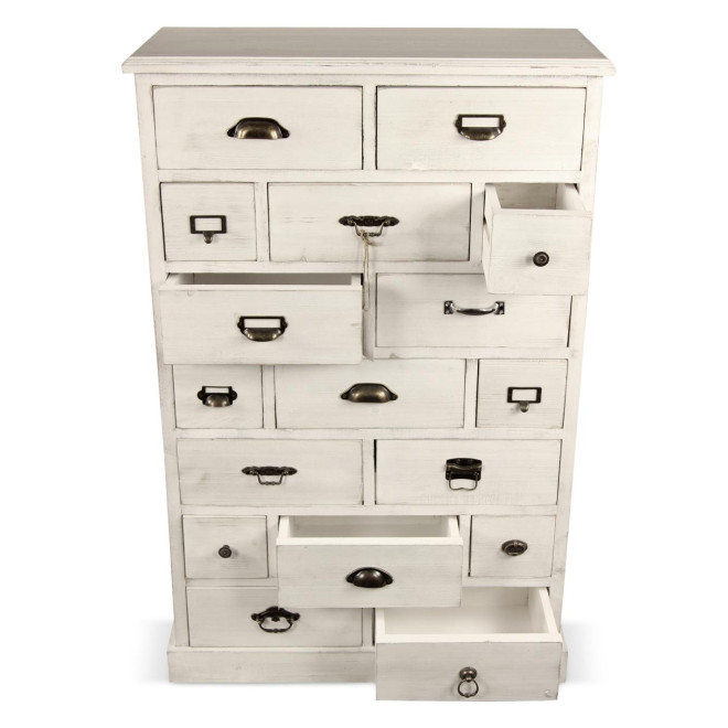 Meuble Semainier Chiffonnier Grainetier Bois Cerusé Blanc 17 Tiroirs 75.5x34x116cm