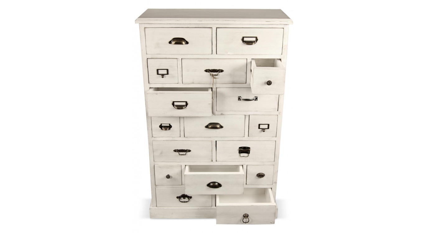 Meuble Semainier Chiffonnier Grainetier Bois Cerusé Blanc 17 Tiroirs 75.5x34x116cm