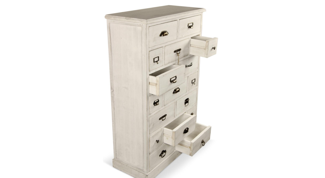 Meuble Semainier Chiffonnier Grainetier Bois Cerusé Blanc 17 Tiroirs 75.5x34x116cm