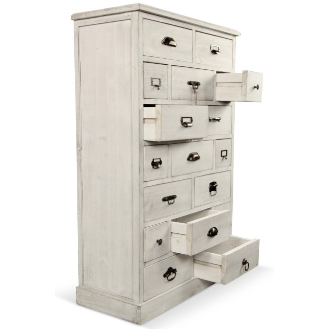 Wochenplaner Chiffonnier Grainetier Holz Cerusé Weiß 17 Schubladen 75.5x34x116cm