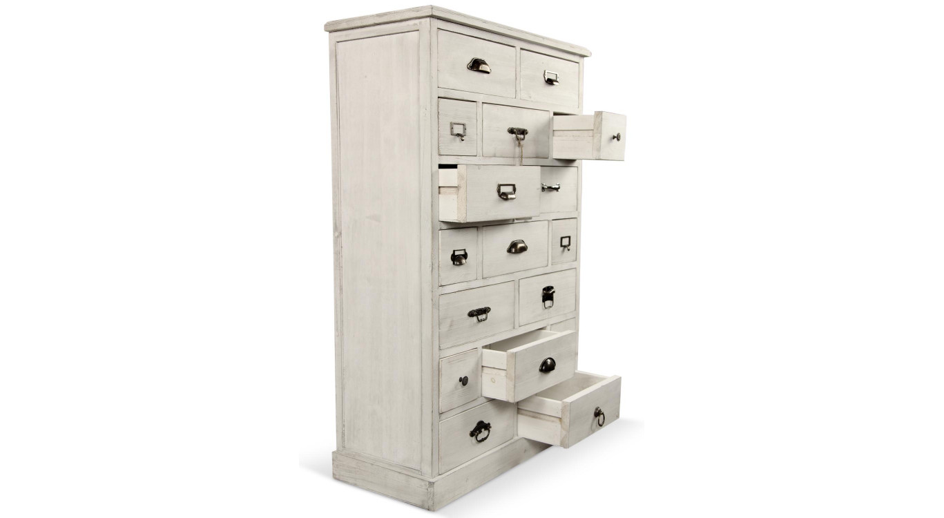 Meuble Semainier Chiffonnier Grainetier Bois Cerusé Blanc 17 Tiroirs 75.5x34x116cm