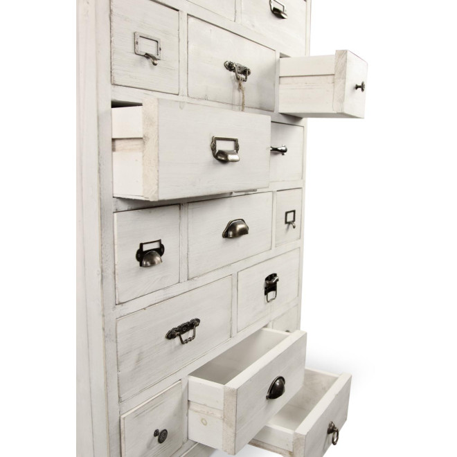Meuble Semainier Chiffonnier Grainetier Bois Cerusé Blanc 17 Tiroirs 75.5x34x116cm