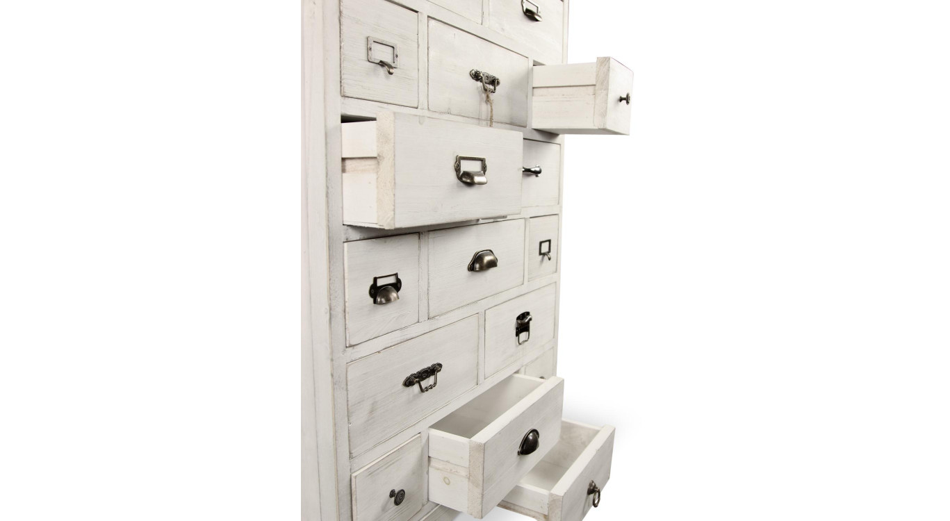 Meuble Semainier Chiffonnier Grainetier Bois Cerusé Blanc 17 Tiroirs 75.5x34x116cm