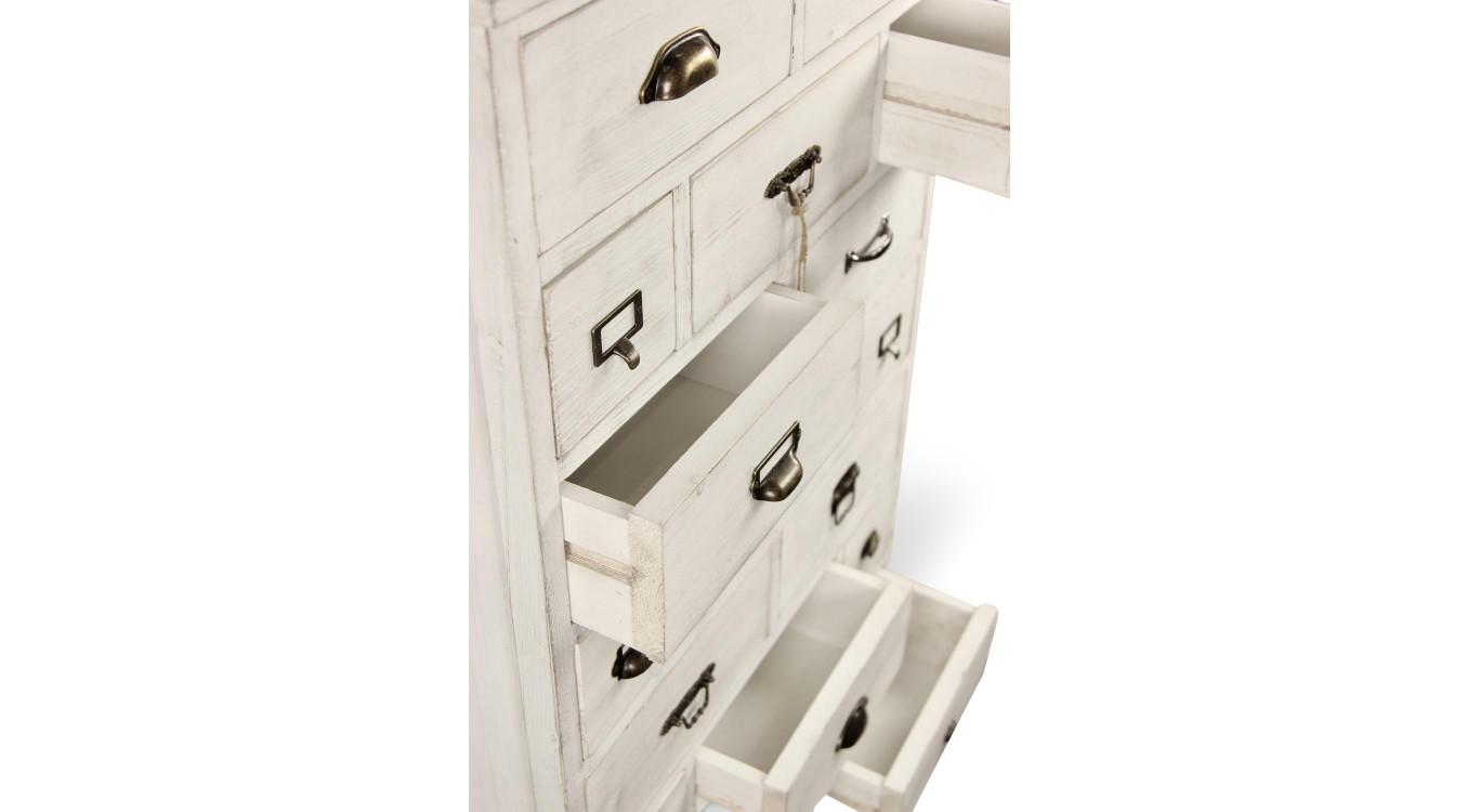 Meuble Semainier Chiffonnier Grainetier Bois Cerusé Blanc 17 Tiroirs 75.5x34x116cm