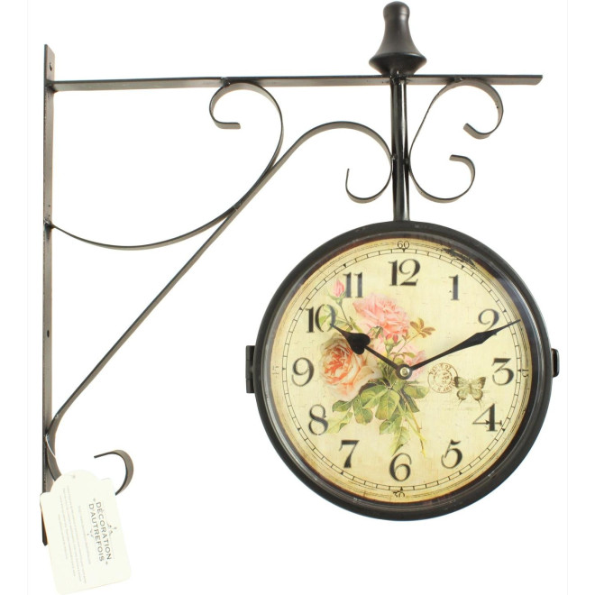 Alte Bahnhofsuhr mit doppeltem Gesicht Rosenstrauß 24cm