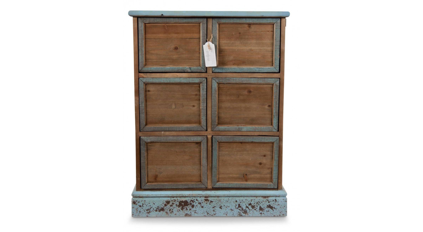 Meuble Semainier Chiffonnier Grainetier Bois 6 Tiroirs Bleu Vieilli Nu 58x40.5x76cm