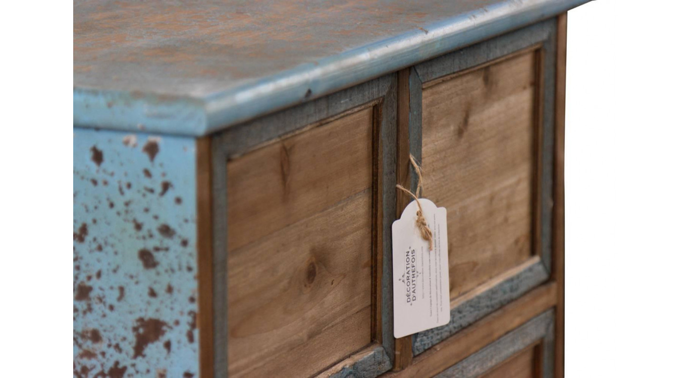 Meuble Semainier Chiffonnier Grainetier Bois 6 Tiroirs Bleu Vieilli Nu 58x40.5x76cm