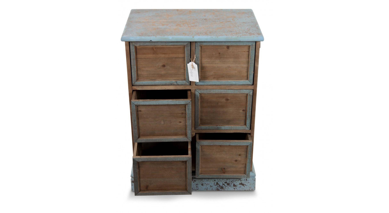 Meuble Semainier Chiffonnier Grainetier Bois 6 Tiroirs Bleu Vieilli Nu 58x40.5x76cm