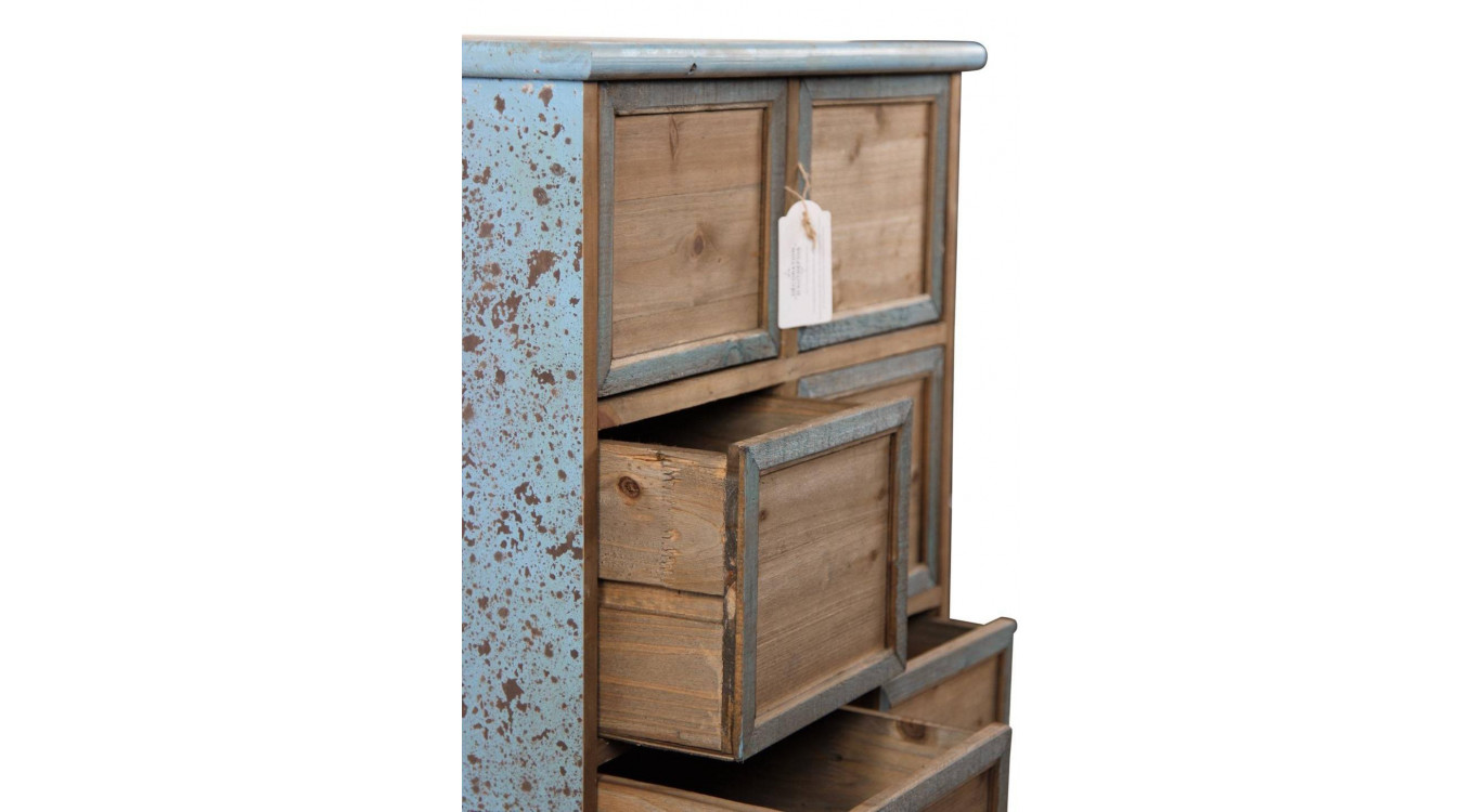 Meuble Semainier Chiffonnier Grainetier Bois 6 Tiroirs Bleu Vieilli Nu 58x40.5x76cm